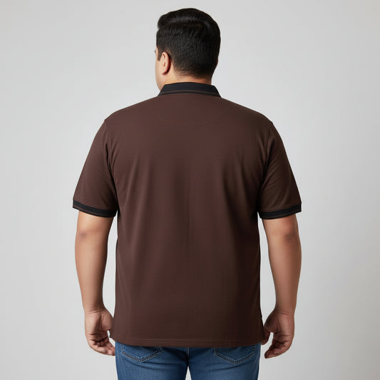 Chocolate Brown Zip Neck Contrast Collar Plus Size Polo Shirt PSM-10886