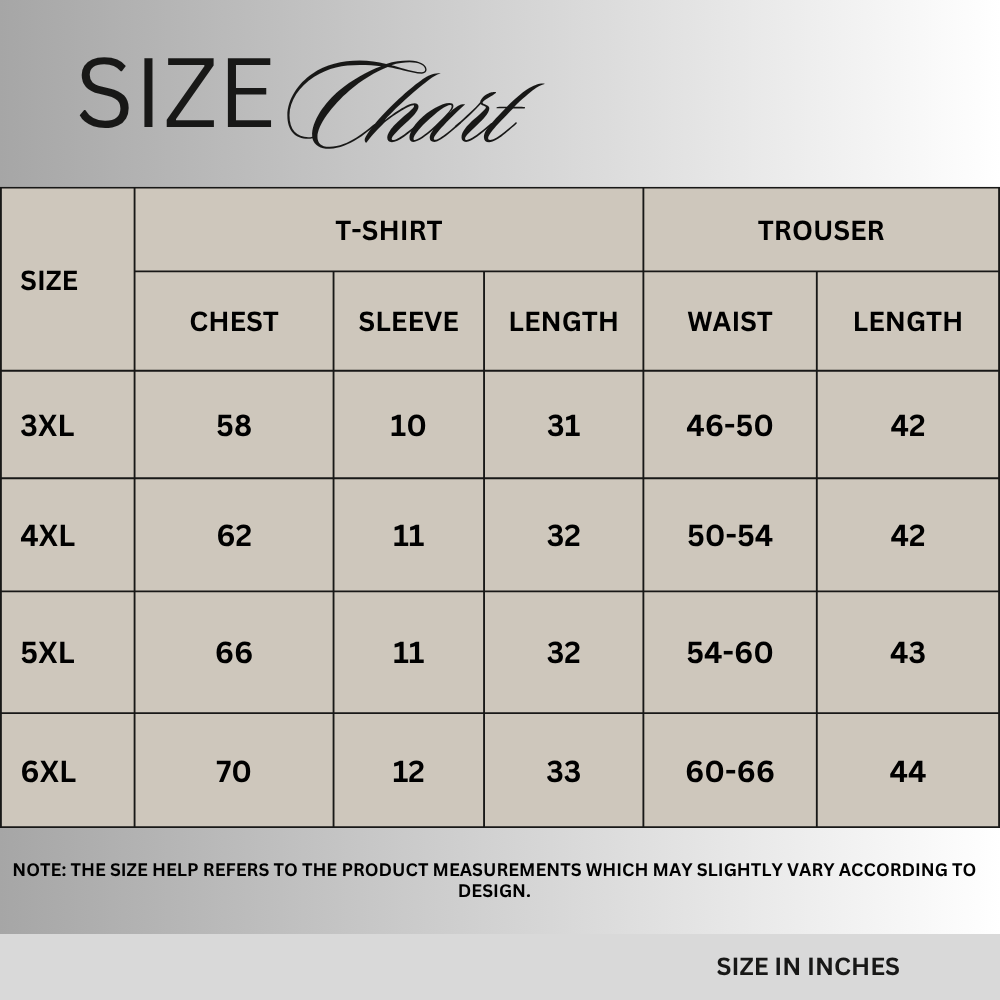 Size chart for Charcoal Terry Co-Ord Set PSM-11650