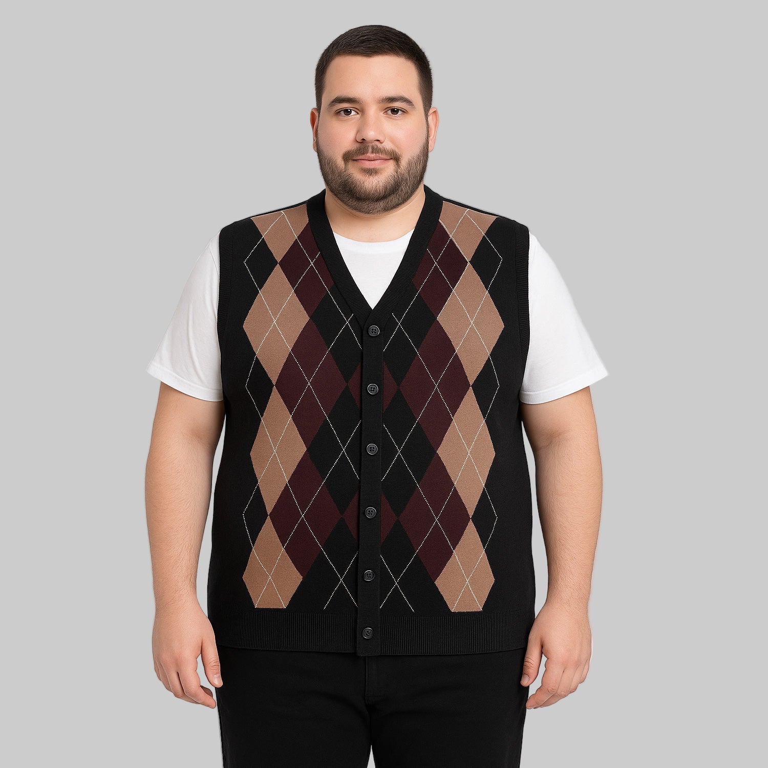 Plus-size male model wearing a classic argyle knit button sweater in maroon and brown tones, studio front view.