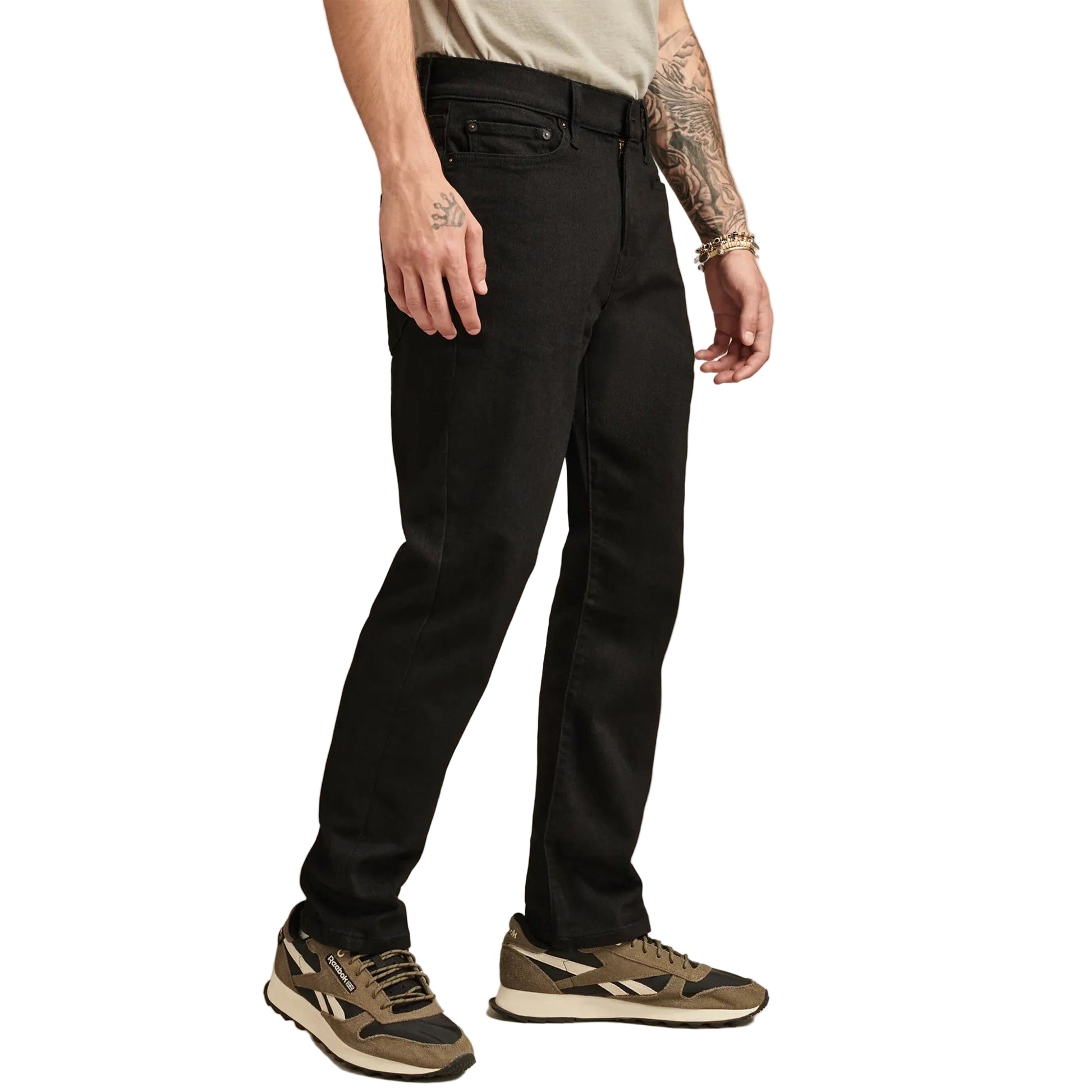 Classic black straight-fit advanced stretch jeans in dark wash, with 5-pocket styling, button closure, zip fly, and belt loops.