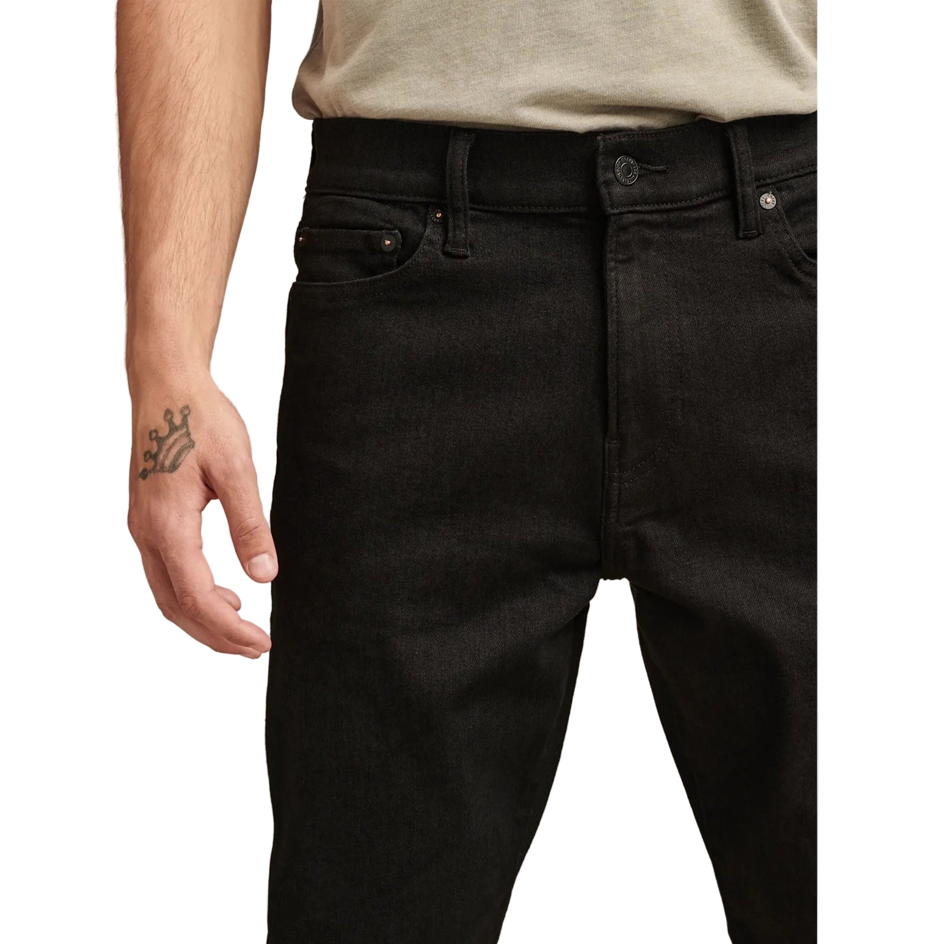 Classic black straight-fit advanced stretch jeans in dark wash, with 5-pocket styling, button closure, zip fly, and belt loops.