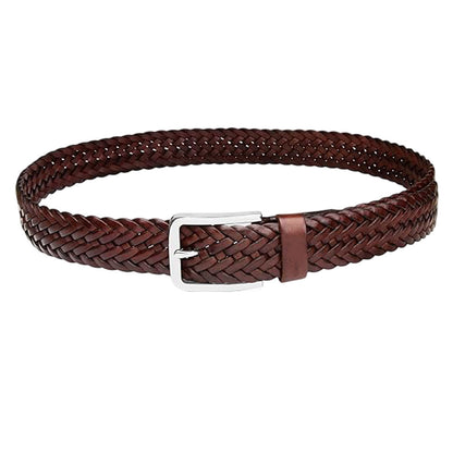 Plus-size brown braided leather belt with polished silver buckle displayed on a white background.


