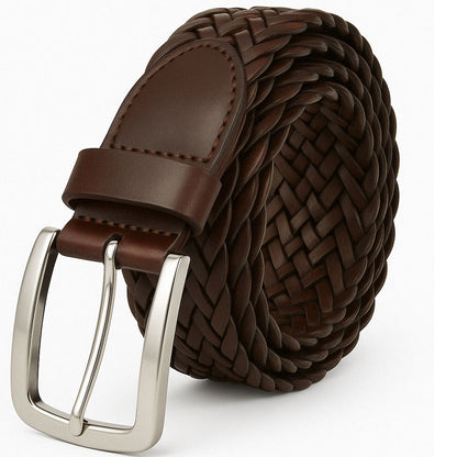 Plus-size brown braided leather belt with polished silver buckle displayed on a white background.

