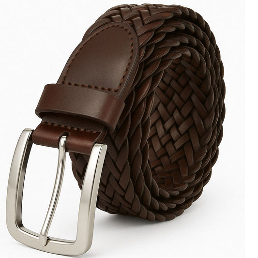 Plus-size brown braided leather belt with polished silver buckle displayed on a white background.

