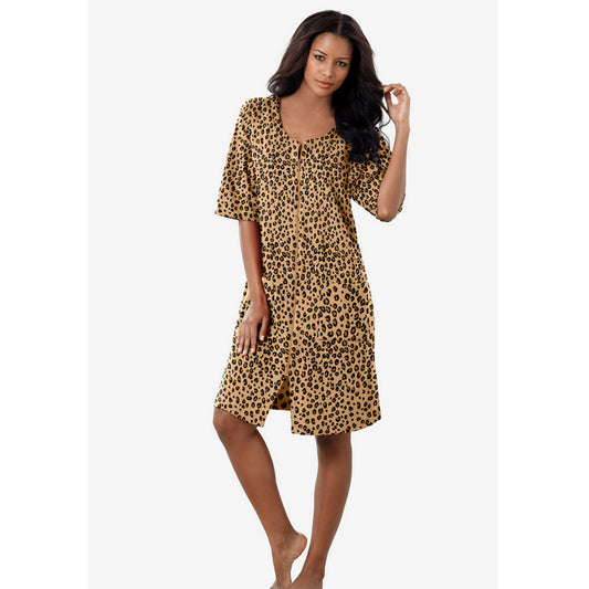 Classic Leopard Short French Terry Zip-Front Robe PSW-8380