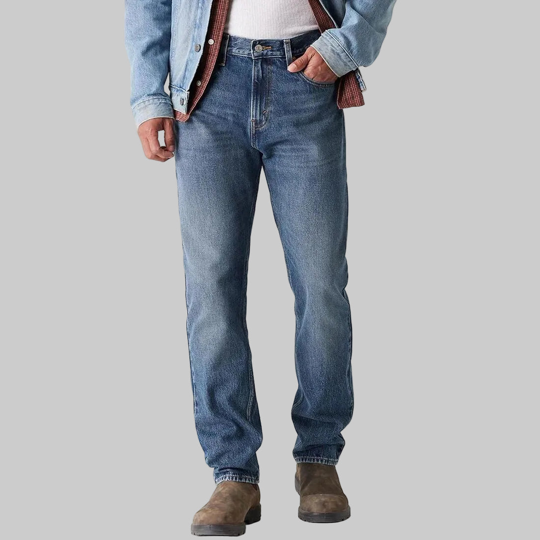 Men’s classic mid blue straight fit denim jeans made from 100% cotton, front view with regular leg opening and clean five-pocket design