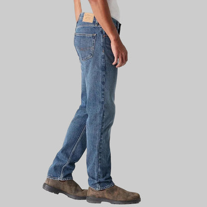 Men’s classic mid blue straight fit denim jeans made from 100% cotton, front view with regular leg opening and clean five-pocket design