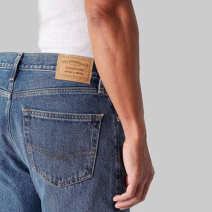 Men’s classic mid blue straight fit denim jeans made from 100% cotton, front view with regular leg opening and clean five-pocket design