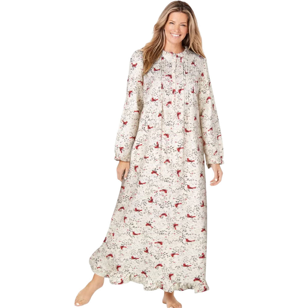 Plus size long red cardinal print flannel nightgown with ruffled bib, sleeves, and hem – 52-inch cotton sleepwear for women