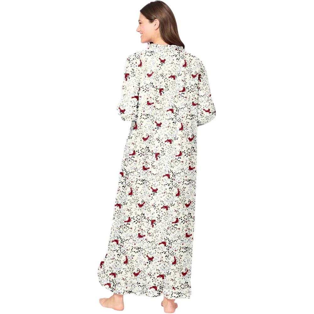Plus size long red cardinal print flannel nightgown with ruffled bib, sleeves, and hem – 52-inch cotton sleepwear for women
