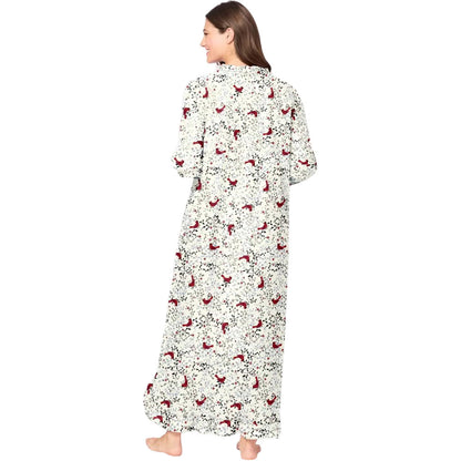 Plus size long red cardinal print flannel nightgown with ruffled bib, sleeves, and hem – 52-inch cotton sleepwear for women