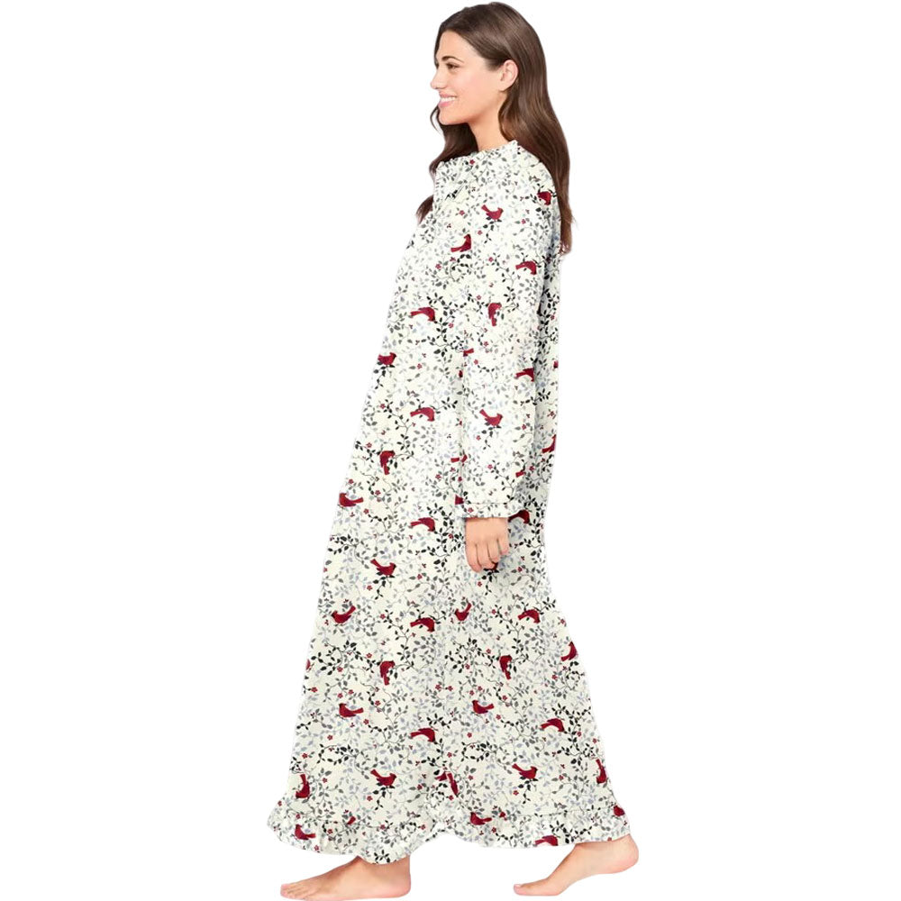 Plus size long red cardinal print flannel nightgown with ruffled bib, sleeves, and hem – 52-inch cotton sleepwear for women