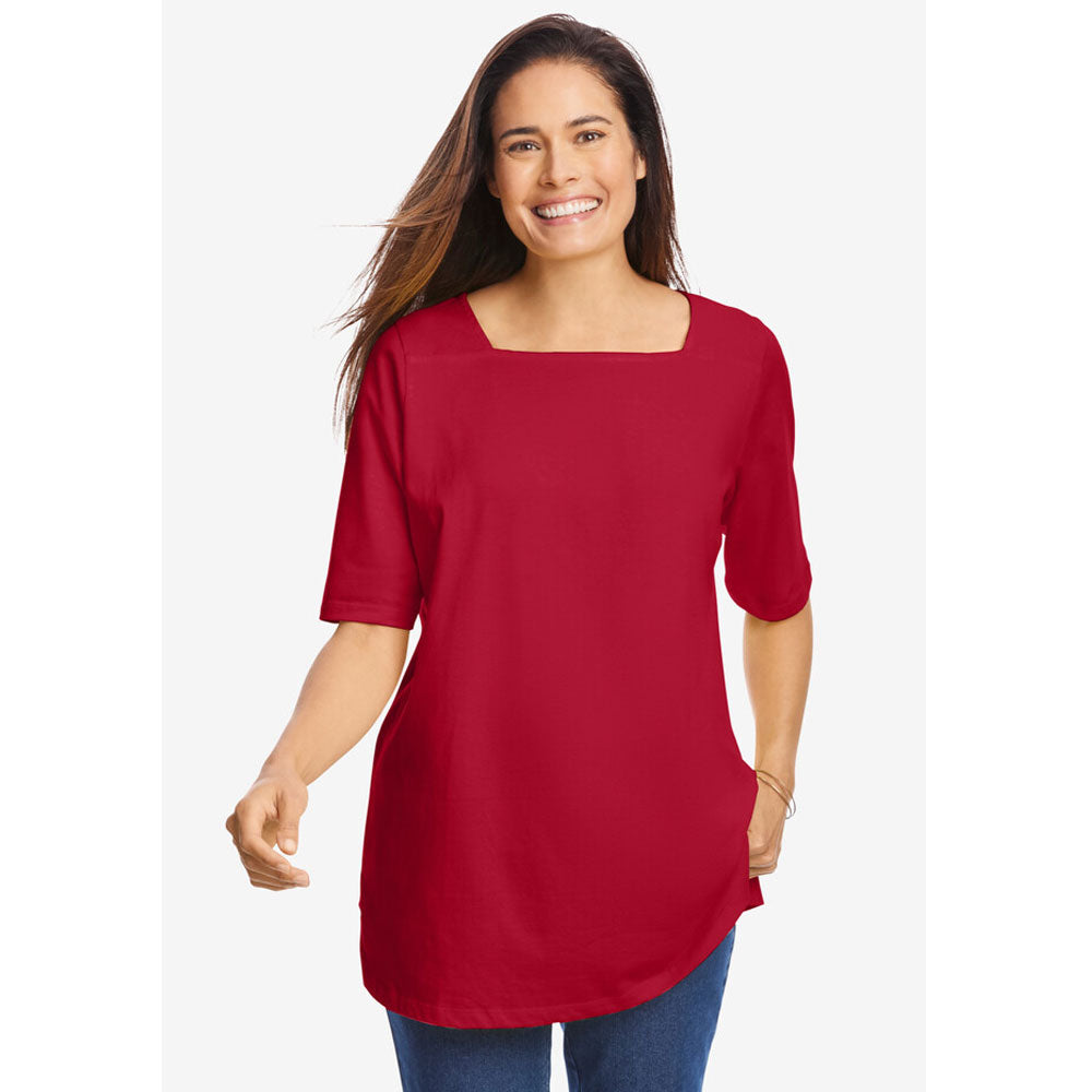 Classic Red Perfect Elbow-Sleeve Square Neck Tee PSW-8769