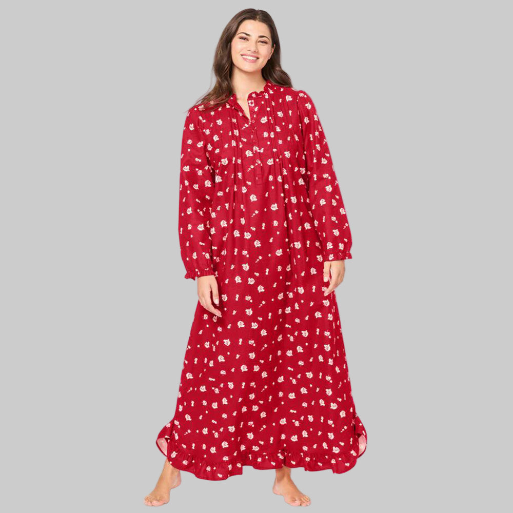 Plus size red rose printed long flannel nightgown with ruffled bib and hem – 52-inch cotton sleepwear for women