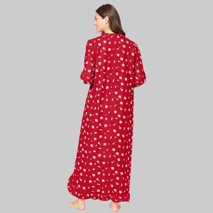Plus size red rose printed long flannel nightgown with ruffled bib and hem – 52-inch cotton sleepwear for women