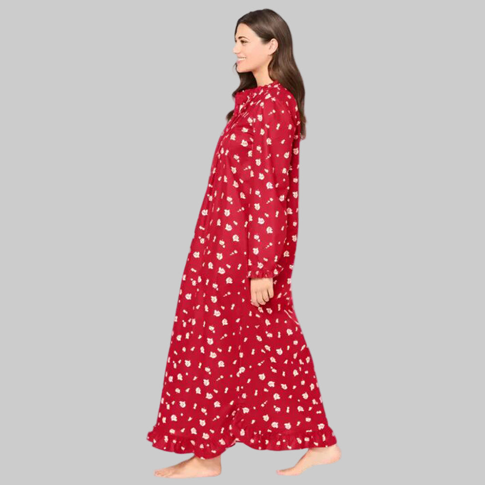 Plus size red rose printed long flannel nightgown with ruffled bib and hem – 52-inch cotton sleepwear for women