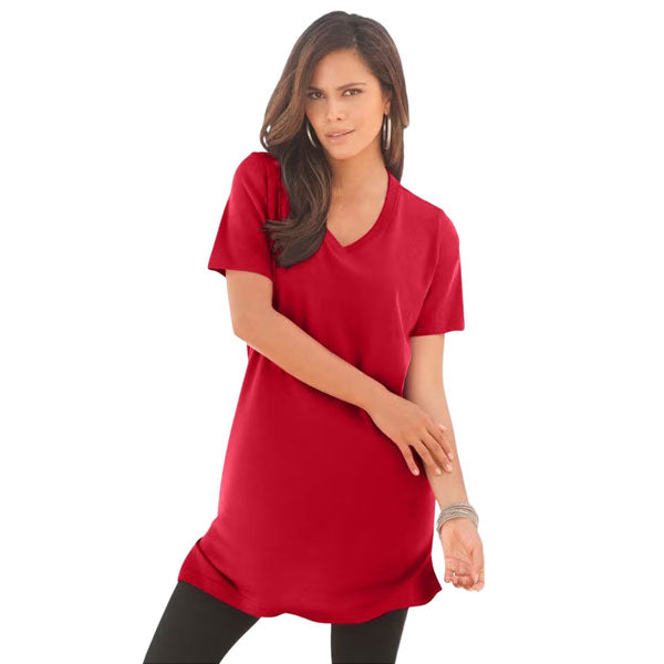 Classic Red Short-Sleeve V-Neck Ultimate Tunic PSW-9139