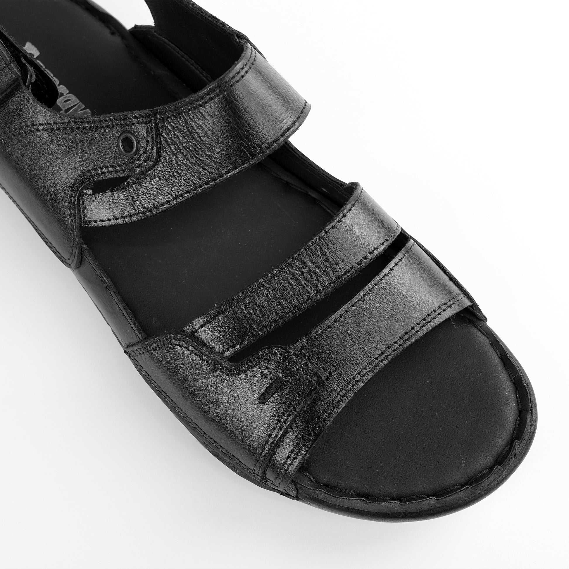 Faber black leather sandals with two straps across the foot and an ankle strap.