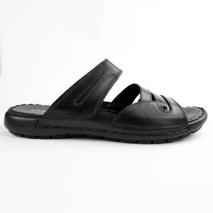 Black leather wide-fit slide sandal for men with dual strap design – PlusSize.pk