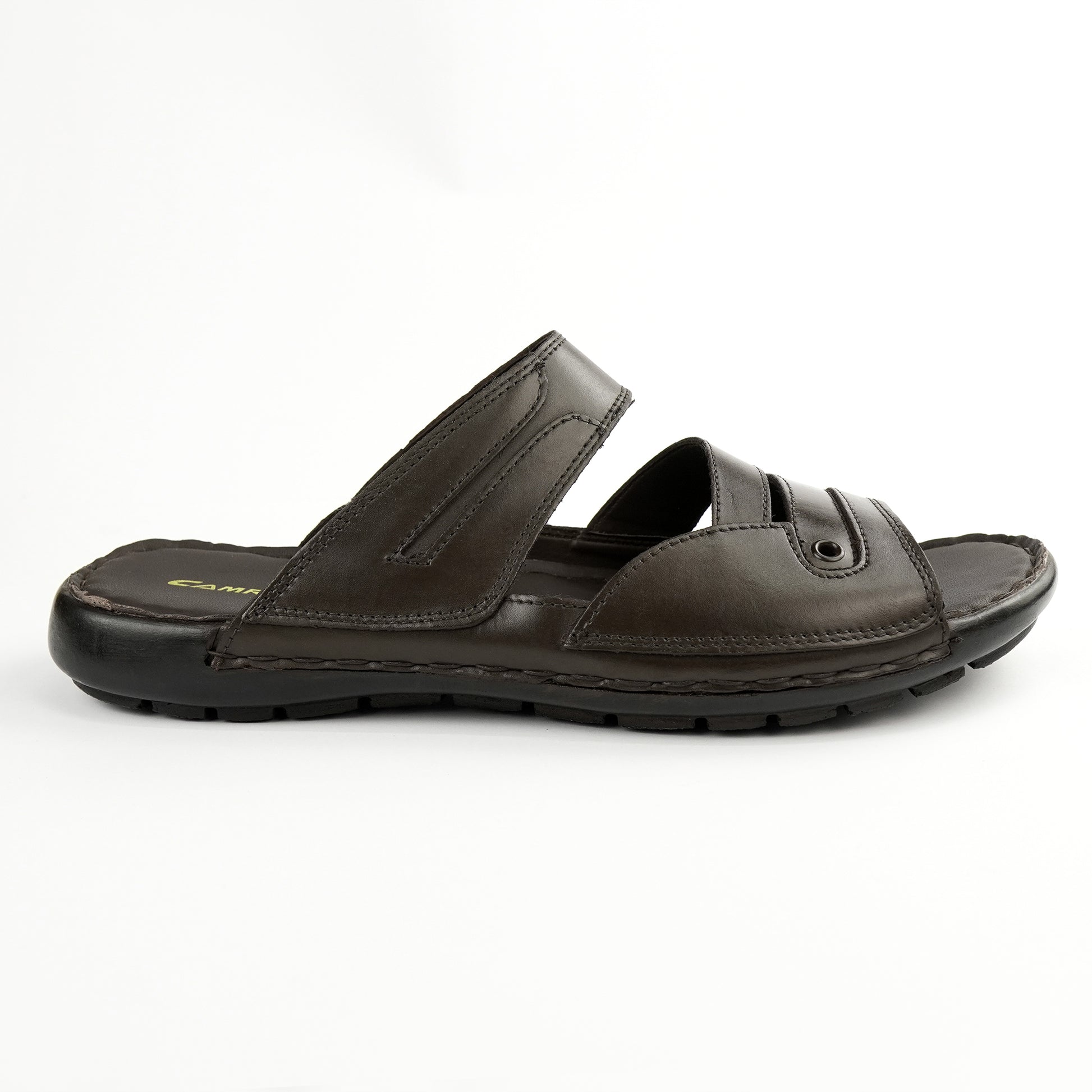 Dark brown leather wide-fit slide sandal with double strap – PlusSize.pk