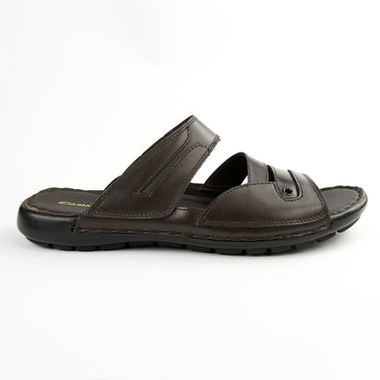 Dark brown leather wide-fit slide sandal with double strap – PlusSize.pk