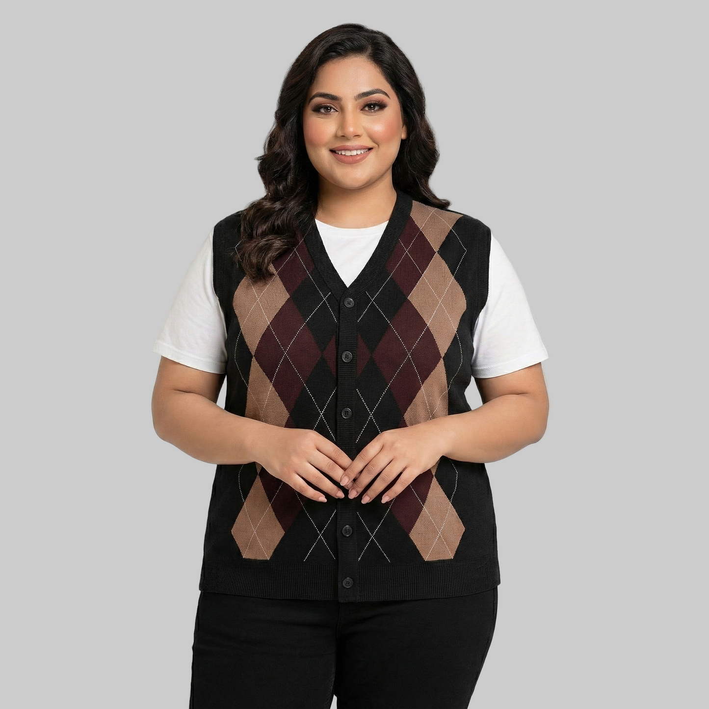 Classic Argyle Knit Button Unisex Sweater PSM-10391