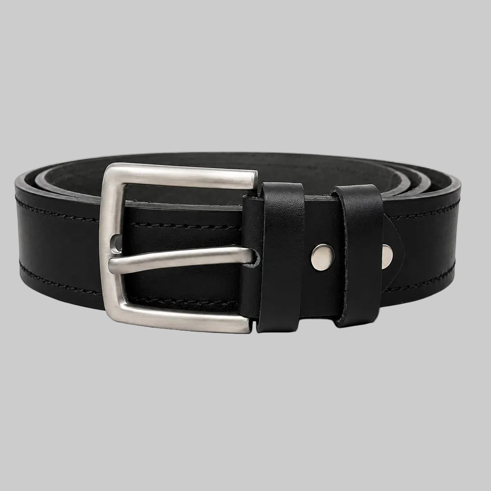 Classic black double stitch leather belt for men featuring premium leather, reinforced stitching, and a durable metal buckle.
