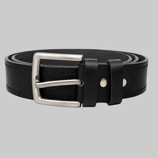 Classic black double stitch leather belt for men featuring premium leather, reinforced stitching, and a durable metal buckle.