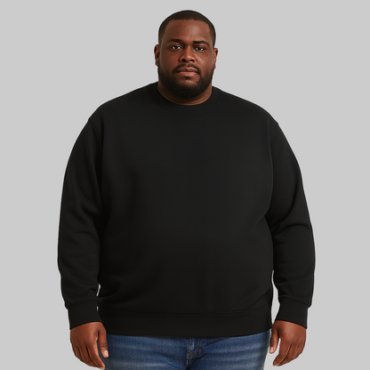 Front view of Classic Black Fleece Crewneck Sweatshirt for plus-size men on a white background.