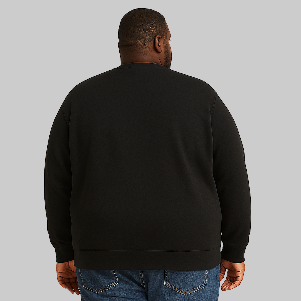 Front view of Classic Black Fleece Crewneck Sweatshirt for plus-size men on a white background.