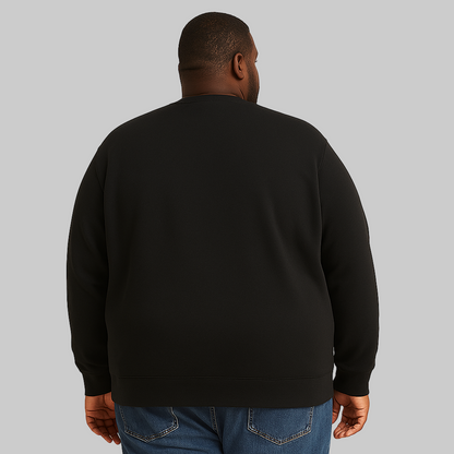 Front view of Classic Black Fleece Crewneck Sweatshirt for plus-size men on a white background.