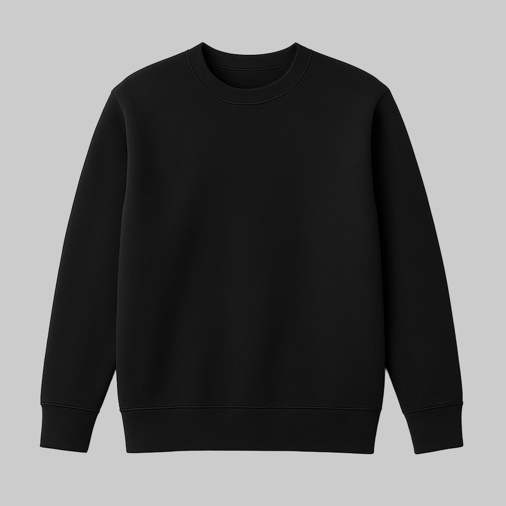 Front view of Classic Black Fleece Crewneck Sweatshirt for plus-size men on a white background.