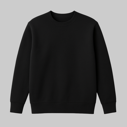 Front view of Classic Black Fleece Crewneck Sweatshirt for plus-size men on a white background.