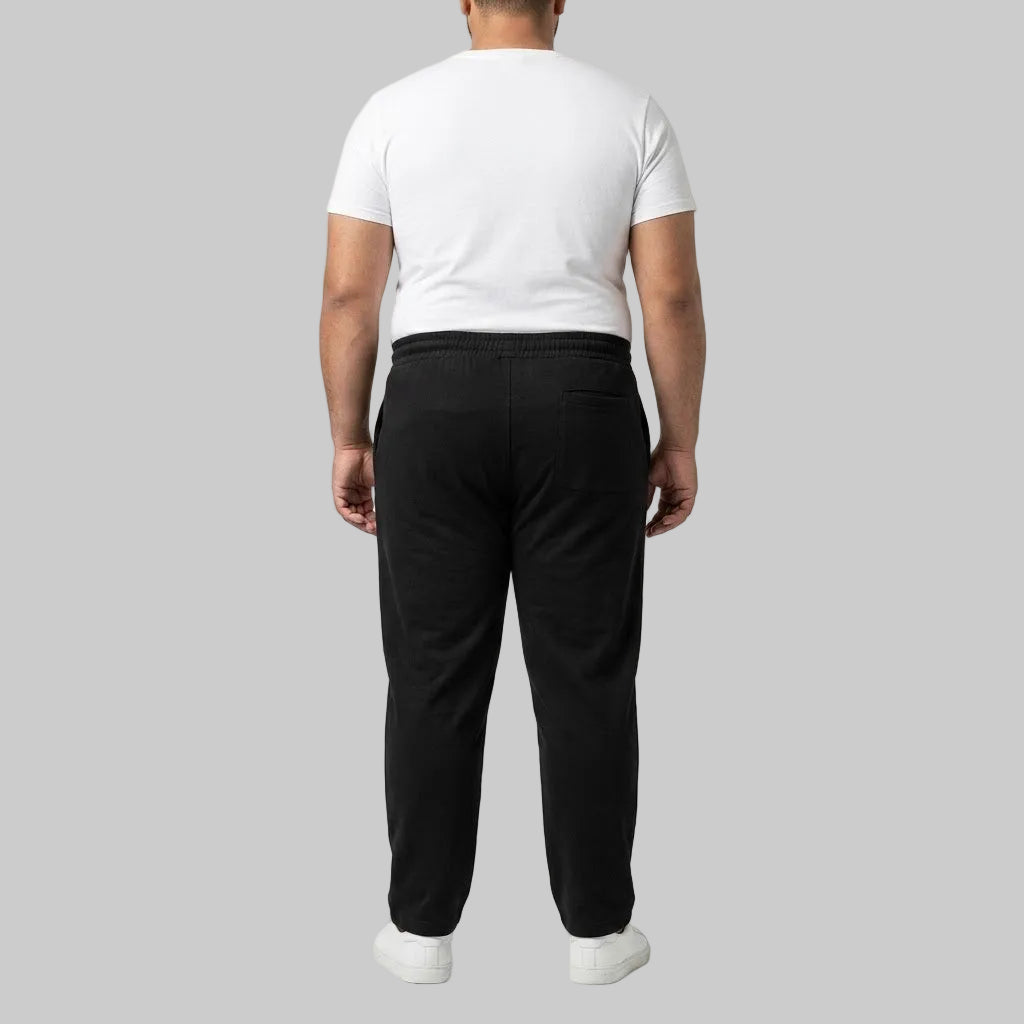 Classic Black Cotton Jersey Trouser made from soft cotton jersey fabric with an elastic drawstring waistband for comfortable everyday casual wear.