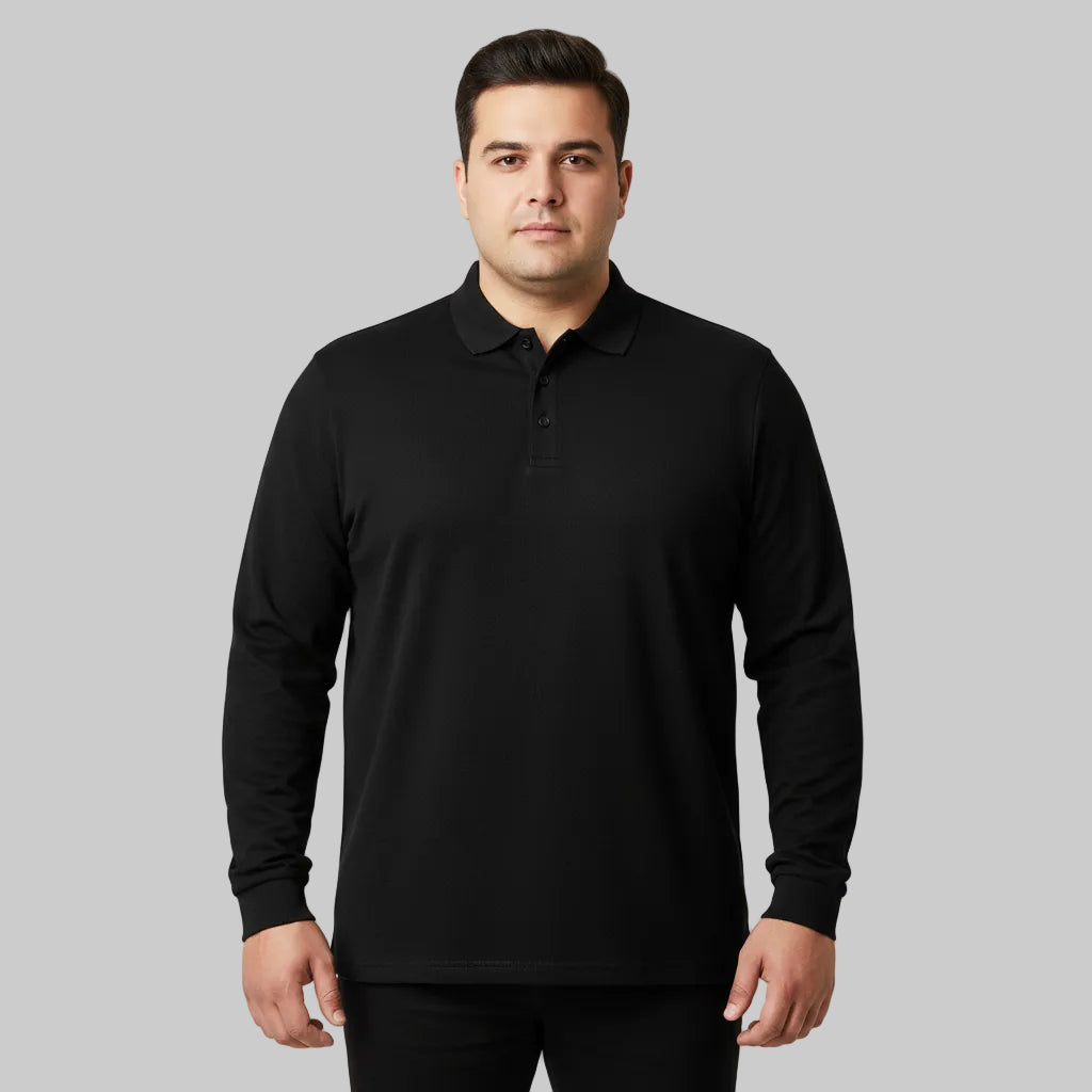 Classic black long sleeve polo shirt with collar and button placket front view