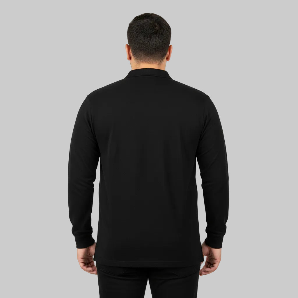 Classic black long sleeve polo shirt with collar and button placket front view