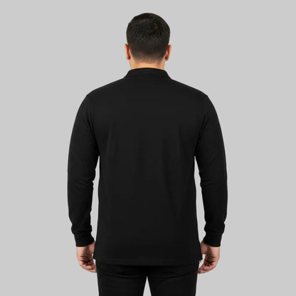 Classic black long sleeve polo shirt with collar and button placket front view