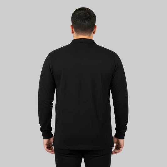 Classic black long sleeve polo shirt with collar and button placket front view