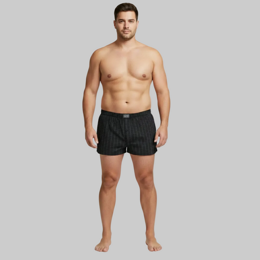 Classic black micro-check cotton boxer with elastic waistband, laid flat showing a clean and comfortable everyday design