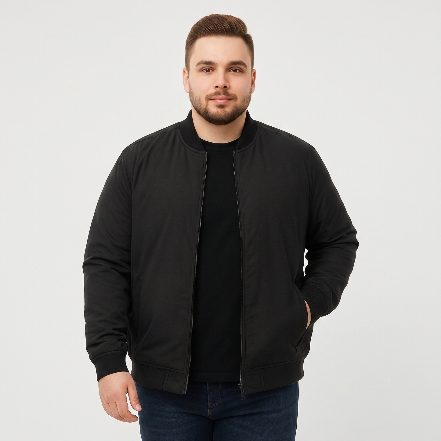 Classic Black Plus-Size Bomber Jacket – Matte Finish PSM-10076