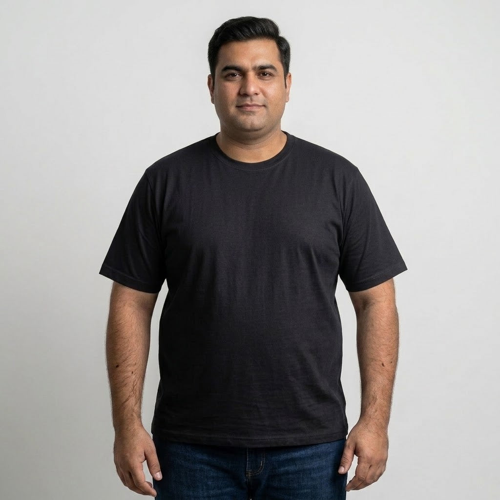 Classic Black Round Neck T-Shirt made from 65% Cotton and 35% Polyester