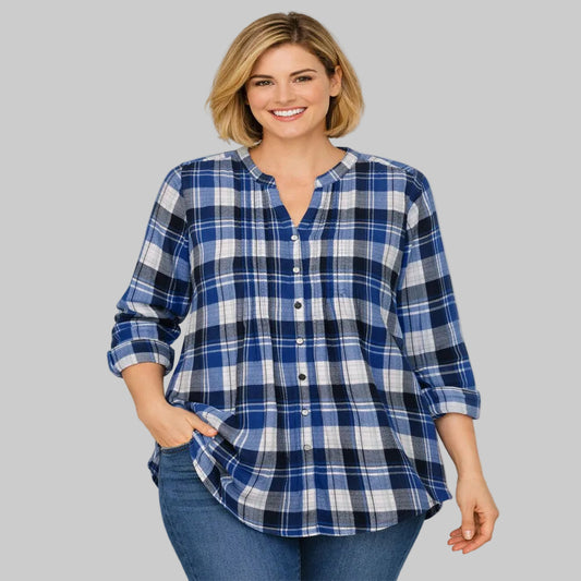 Women's classic blue plaid pintucked flannel tunic shirt with button front.