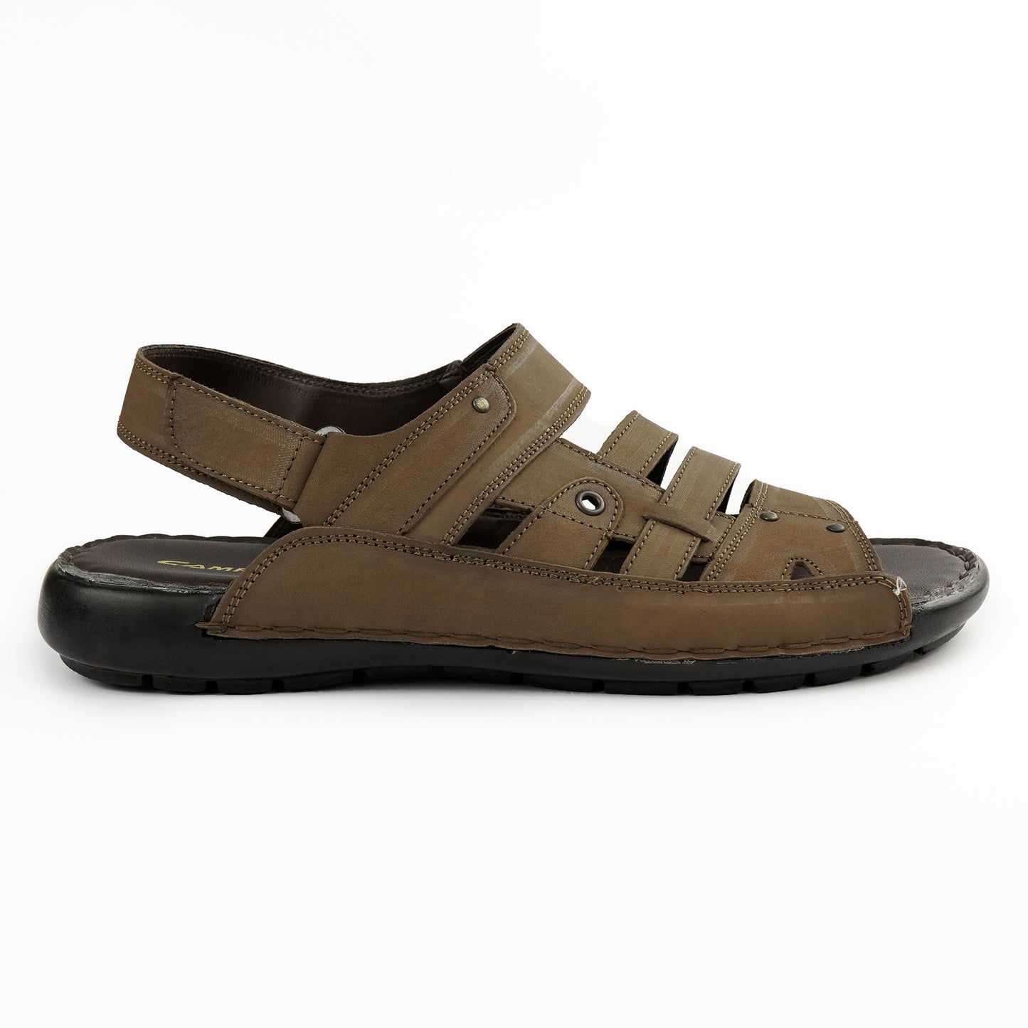 Close-up of stitching and rivet details on brown leather sandal – PlusSize.pk