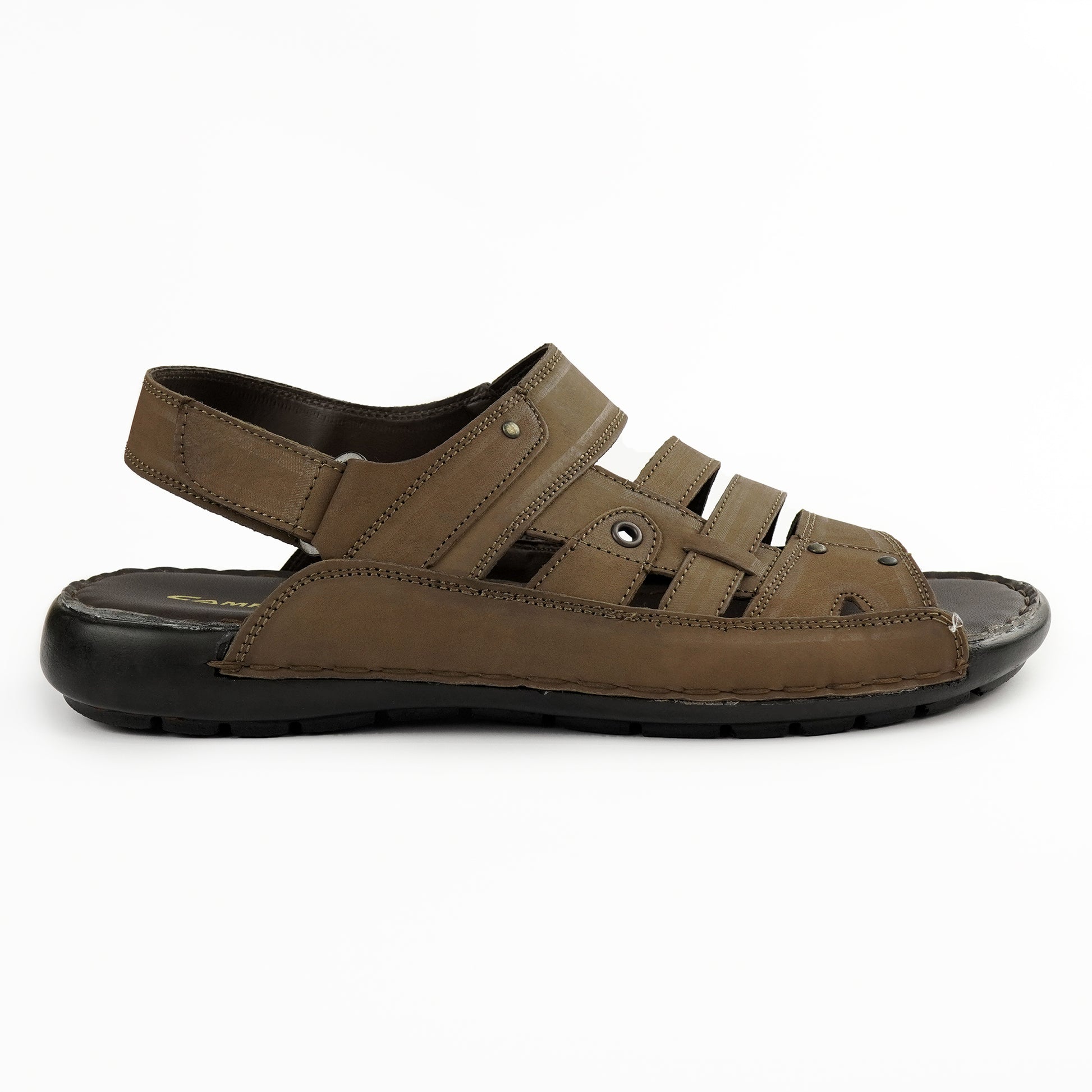 Close-up of stitching and rivet details on brown leather sandal – PlusSize.pk
