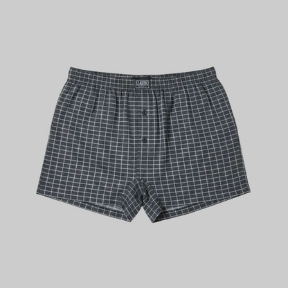 Classic charcoal micro-check cotton boxer with elastic waistband and button fly, laid flat showing a clean and comfortable everyday design