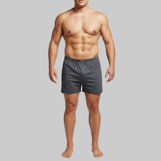 Classic charcoal textured cotton boxer with elastic waistband and button fly, laid flat showing a clean and comfortable everyday design