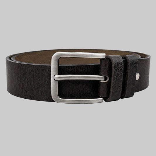 Classic dark brown textured leather belt for men featuring premium leather, textured finish, and a durable metal buckle for everyday style.