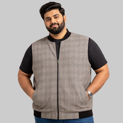 Classic grey check sleeveless full zip jacket with ribbed collar and hem, front view, premium plaid winter vest for men.
