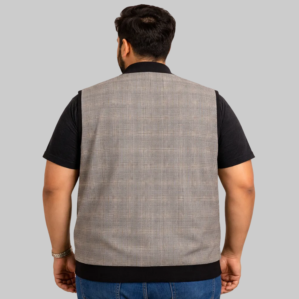 Classic grey check sleeveless full zip jacket with ribbed collar and hem, front view, premium plaid winter vest for men.