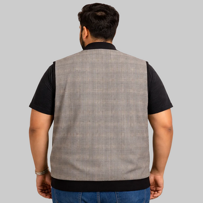 Classic grey check sleeveless full zip jacket with ribbed collar and hem, front view, premium plaid winter vest for men.